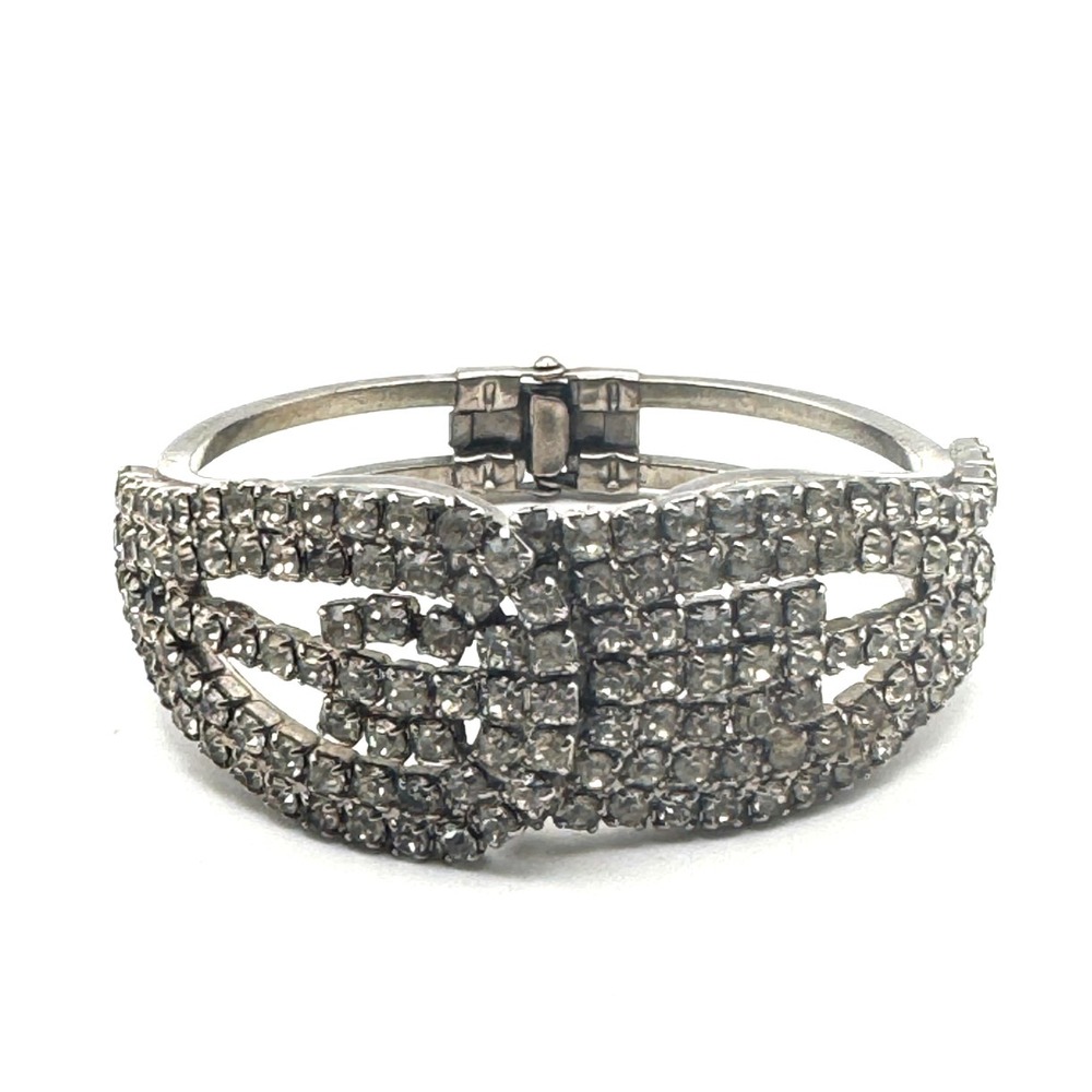 Vintage Rhinestone Bracelet Belt Buckle Clamper Silver Tone Art Deco Mid Century